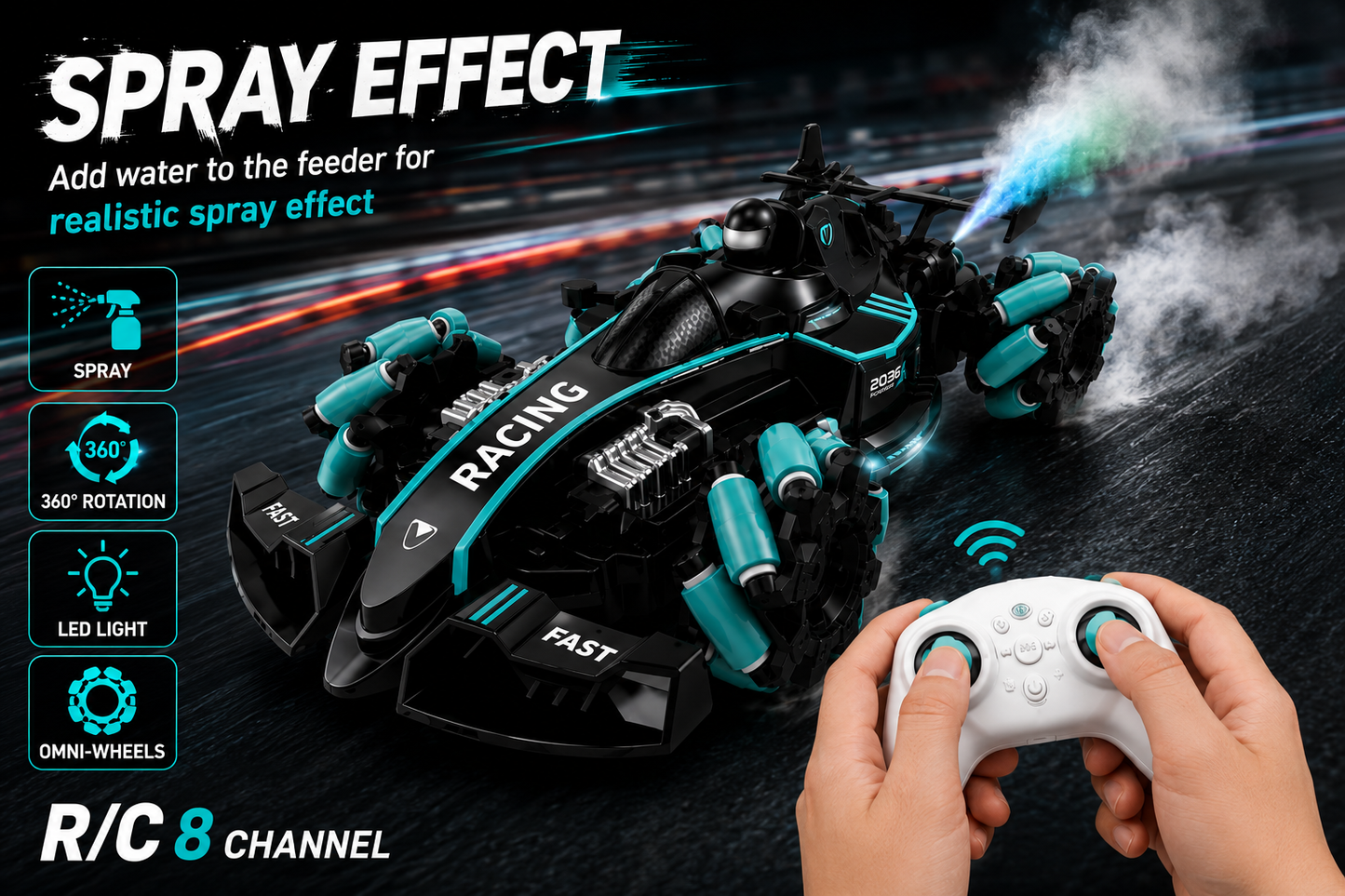 SCOFFCO OS1532 Formula 1 RC Racing Car | 2.4GHz Remote Control F1 Car with Mist Spray, LED Lights & Drift Action | Rechargeable High-Speed Toy | Gift for Kids Boys & Girls (TZM)