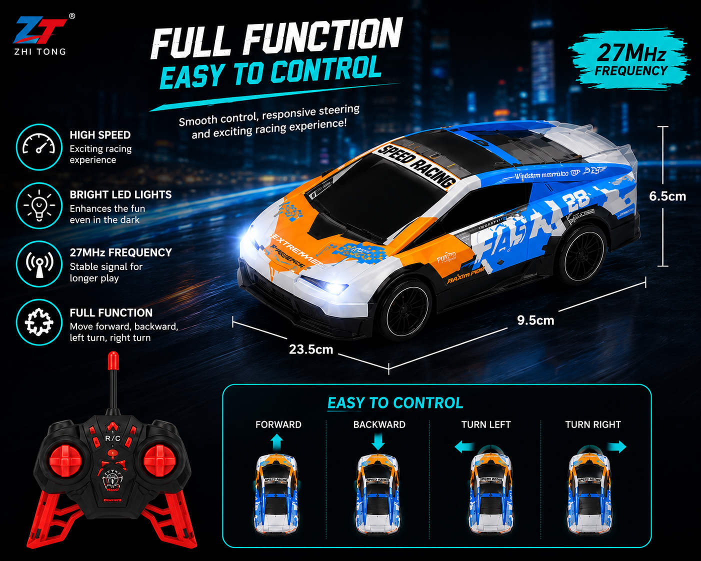 SCOFFCO OS1615 1:18 Scale RC Sports Racing Car | 27MHz Remote Control Car with LED Lights | Rechargeable High-Speed Racing Toy | Gift for Kids Boys & Girls (TZM)