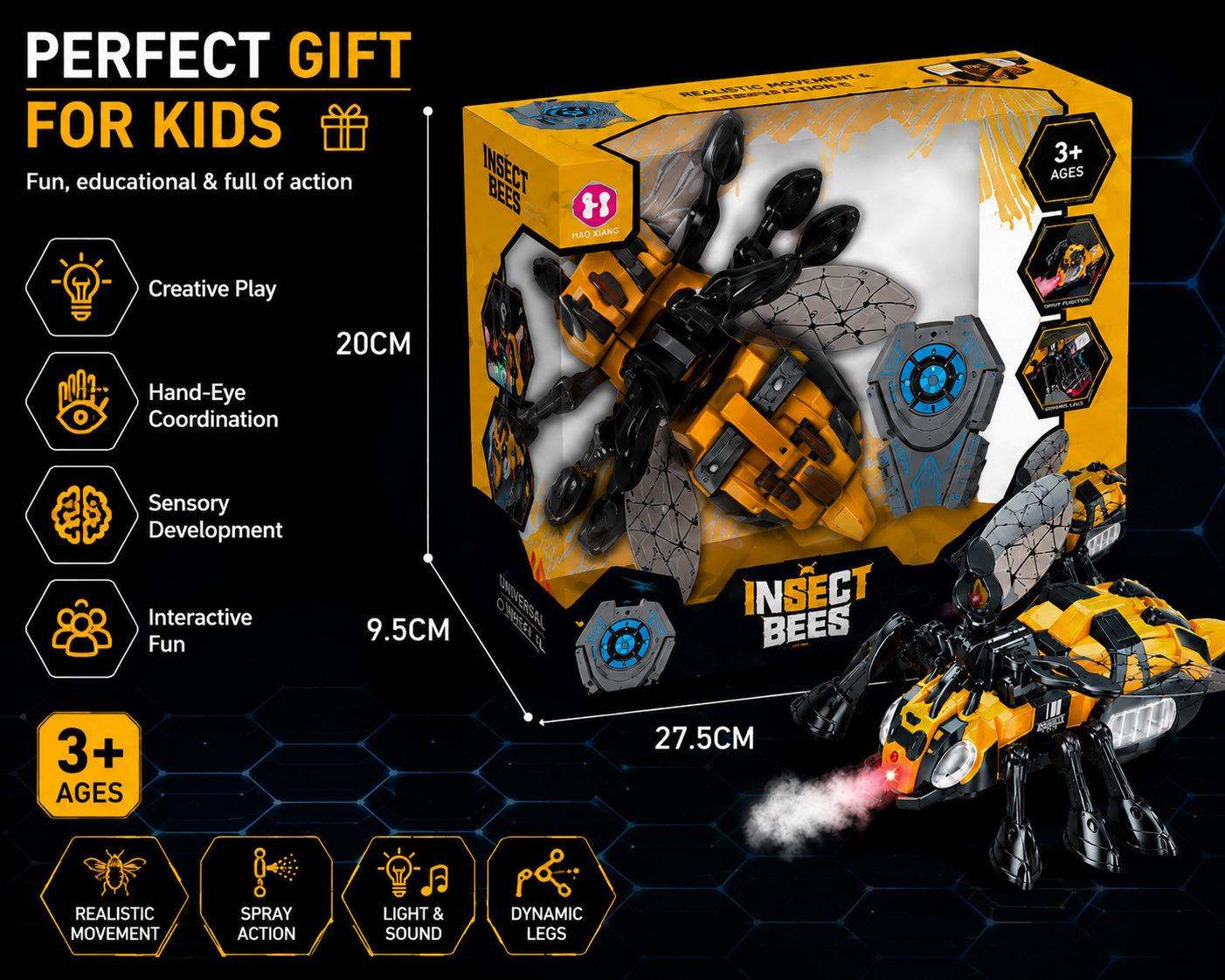 SCOFFCO OS1626 Insect Bees Remote Control Toy with Lights, Music, Flapping Wings & Crawling Action | 2.4GHz RC Rechargeable Bee Robot Toy for Kids Boys & Girls Age 3+ (TZM)