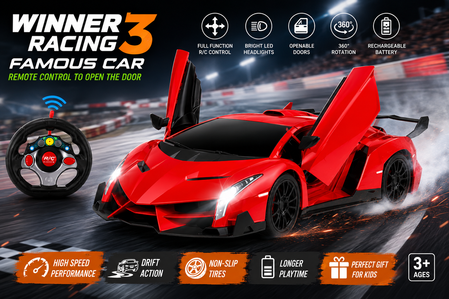 SCOFFCO OS1653 Remote Control Sports Racing Car with Steering Wheel Controller, Opening Doors, LED Lights & USB Rechargeable Battery | RC Supercar Toy for Kids Boys & Girls Age 3+ (TZM)