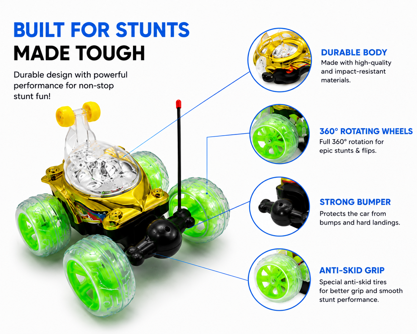 SCOFFCO OS1660 Remote Control Thunder Stunt Car | 360° Rotating RC Car with LED Lights, Music, 5-Function Remote & Rechargeable Battery for Kids (TZM)