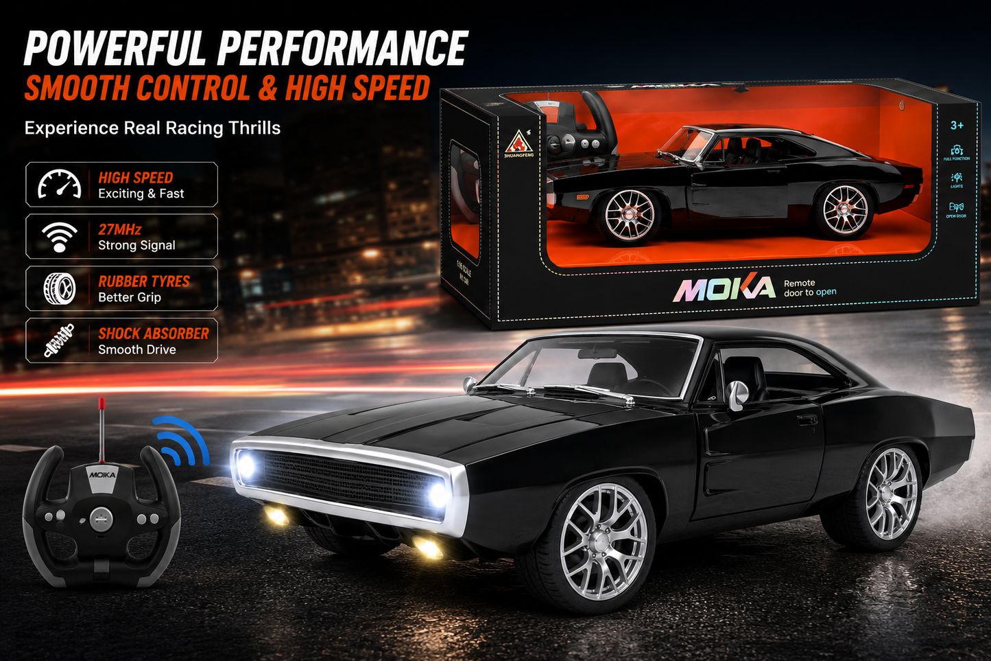 SCOFFCO OS1576 1:10 Scale RC Muscle Car | Remote Control Sports Car with Automatic Door Opening, LED Lights & Rechargeable Battery | Gift for Kids Boys & Girls (TZM)