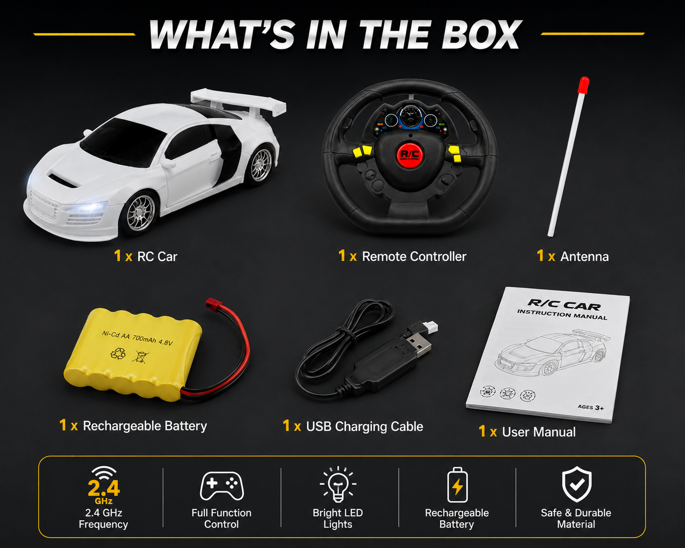 SCOFFCO OS1590 1:18 Scale RC Sports Car with Steering Wheel Controller | Remote Control Racing Car with LED Lights | Rechargeable High-Speed Toy | Gift for Kids Boys & Girls (TZM)