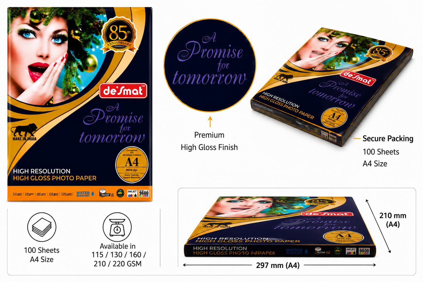 DESMAT Coated Photo Paper 150 GSM A4 Size (210 x 297 mm) | High Gloss Inkjet Photo Paper | 100 Sheets | Instant Dry | Water Resistant | High Resolution 9600 DPI | Compatible with All Inkjet Printers | CPI150