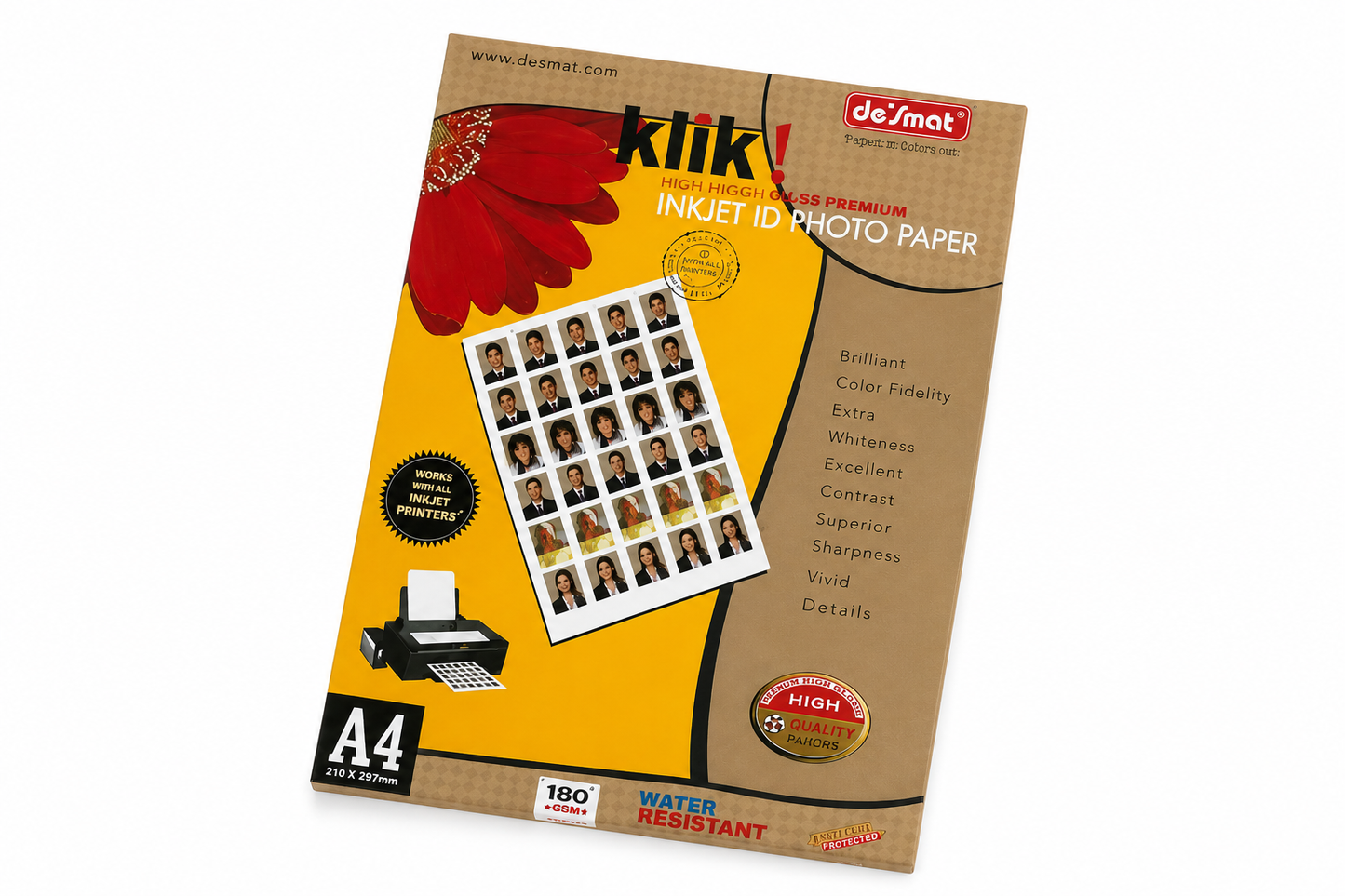 DESMAT KLICK ID Photo Paper A4 180 GSM | High Gloss Inkjet Photo Paper | Instant Dry | Water Resistant | Sharp Color Prints for ID Cards, Photos & Documents | 50 Sheets Pack