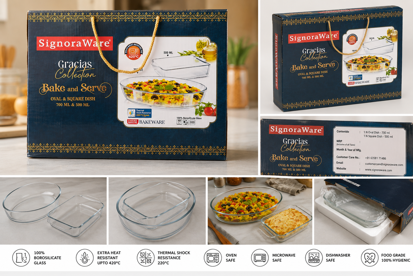 SignoraWare Gracias Collection Bake & Serve Borosilicate Glass Oval & Square Dish Set (700ml + 500ml) | Oven Safe, Microwave Safe, Dishwasher Safe | Heat Resistant up to 420°C | Transparent