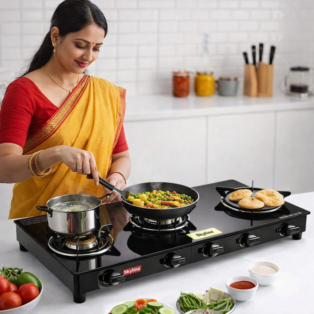 3-Burner LPG Gas Stove with Auto-Ignition, Brass Burners & Stylish Design VTL3434
