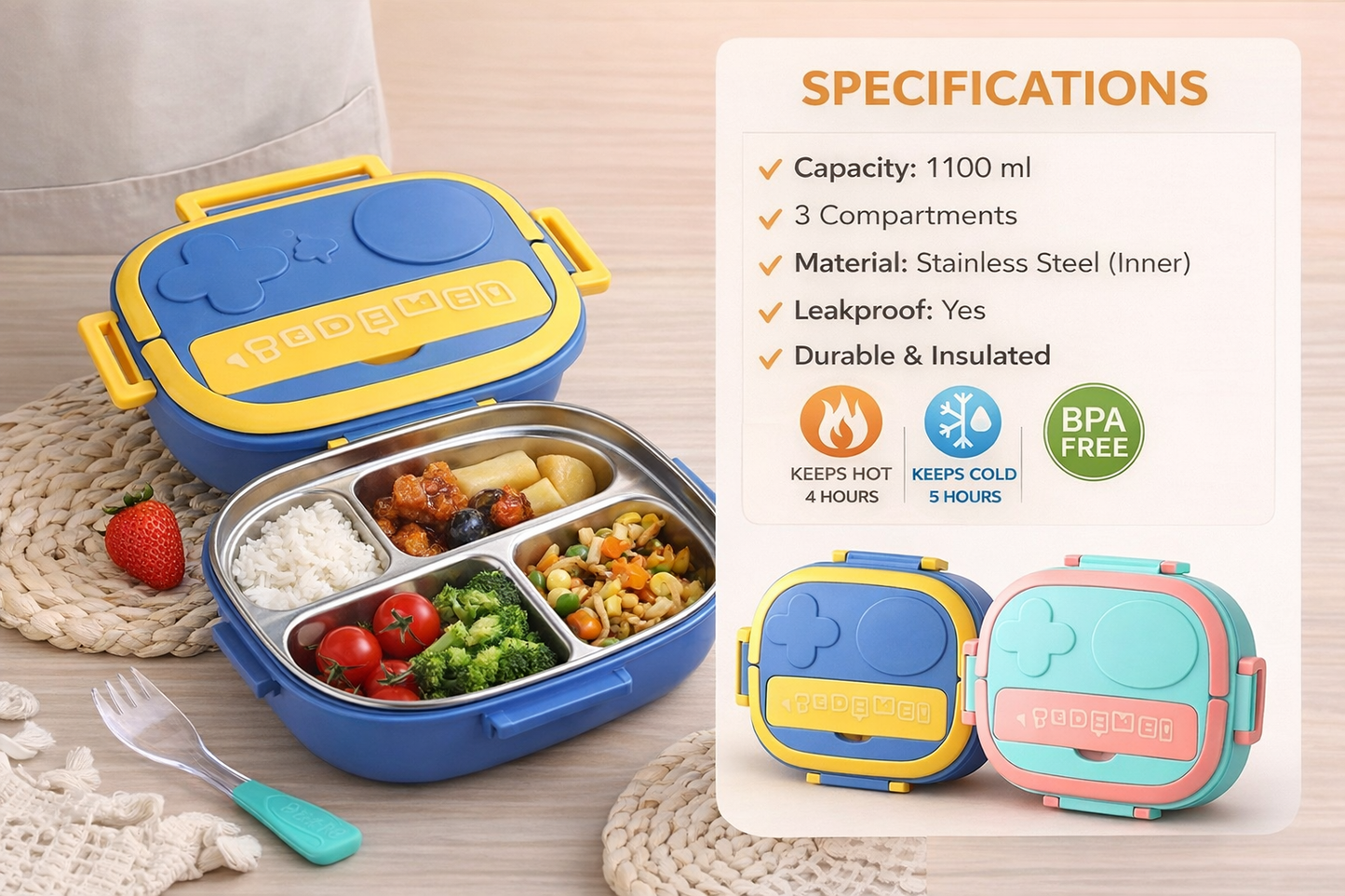 SCOFFCO TedeMei Lunch Box 6123 (WPT) – Insulated Stainless Steel 3-Compartment Lunch Box | Leakproof & Durable | Ideal for Kids, School & Office