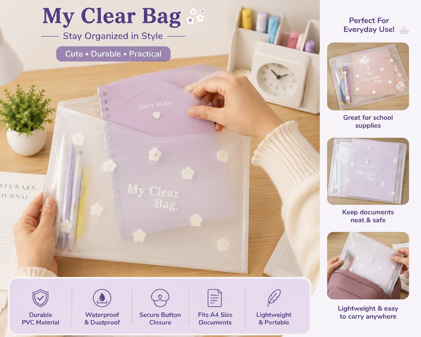 SAYA My Clear Bag Flower SY209F Pack of 12 pcs | Transparent Floral Document Folder with Button Closure | Waterproof PVC Storage Pouch for A4 Papers, Stationery & Office Use | Lightweight Multipurpose Clear Bag