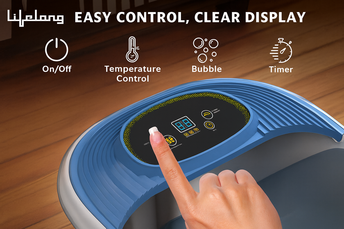 Lifelong LLM801 500W Electric Foot Massager Spa Machine With 8 Manual Rollers, Digital Panel, Bubble Bath & Water Heating Technology For Pedicure, Pain Relief & Foot Care, Blue