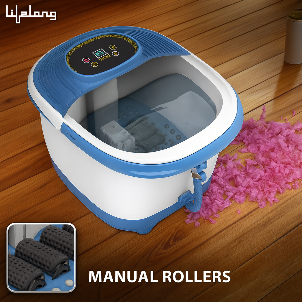 Lifelong LLM801 500W Electric Foot Massager Spa Machine With 8 Manual Rollers, Digital Panel, Bubble Bath & Water Heating Technology For Pedicure, Pain Relief & Foot Care, Blue