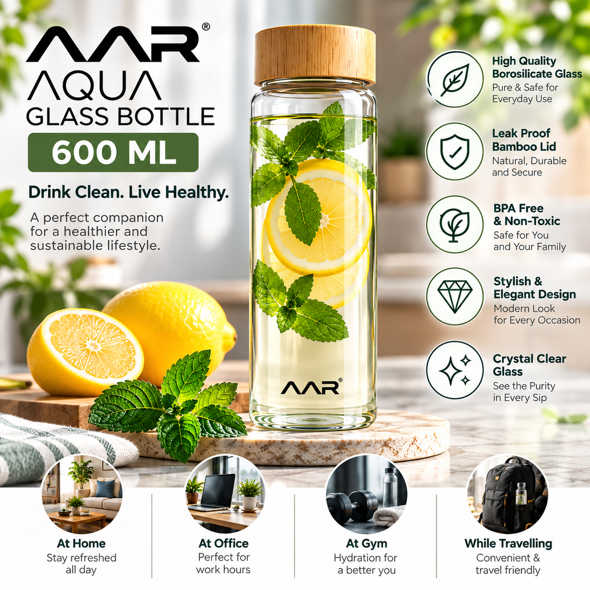 AAR Aqua Glass Bottle 600 ML | Borosilicate Glass Water Bottle with Bamboo Lid | Leak Proof, BPA Free & Reusable | Stylish Bottle for Home, Office, Gym & Travel