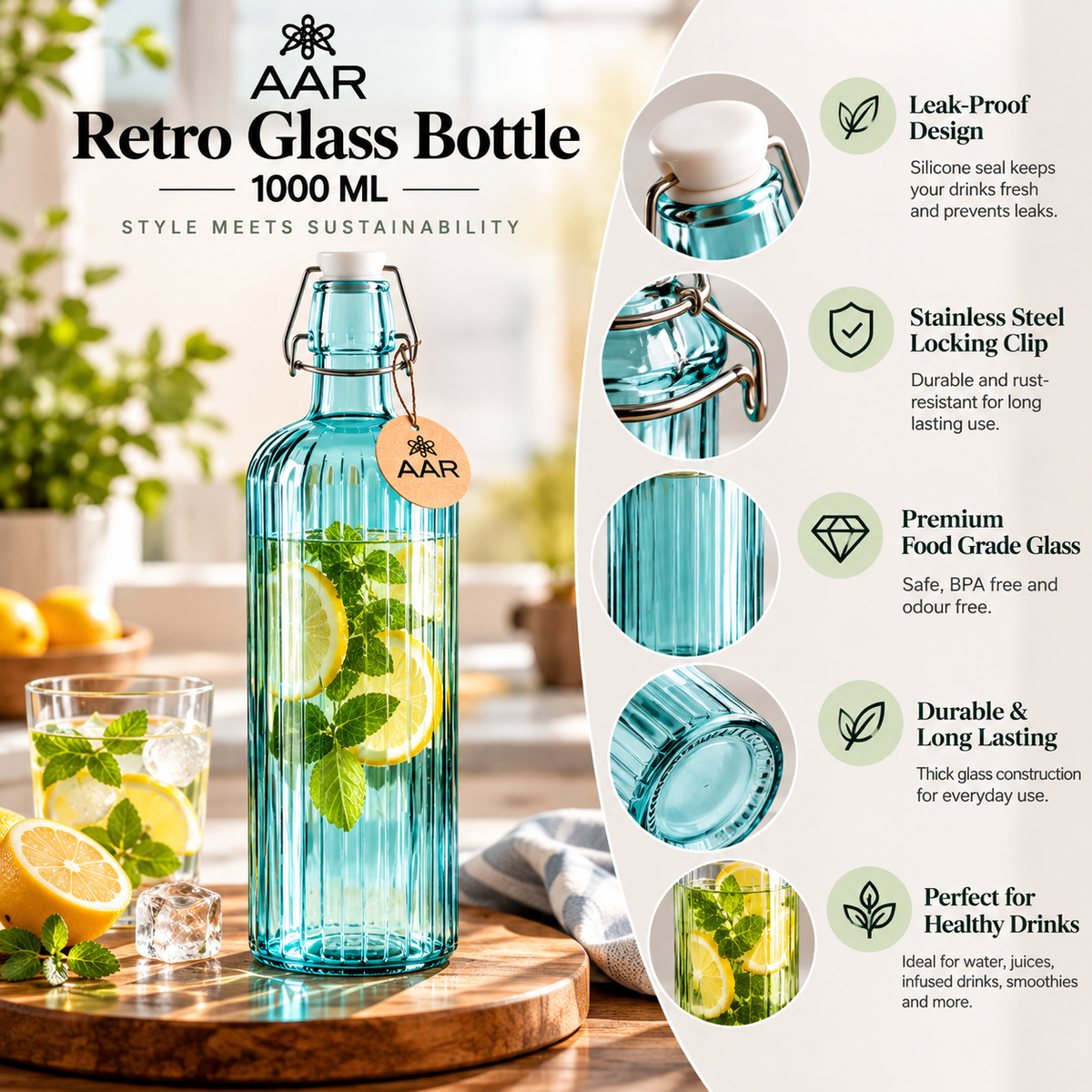 AAR Retro Glass Bottle with Swing Top Leakproof Cap | Stylish Reusable Glass Water Bottle for Home, Office & Kitchen