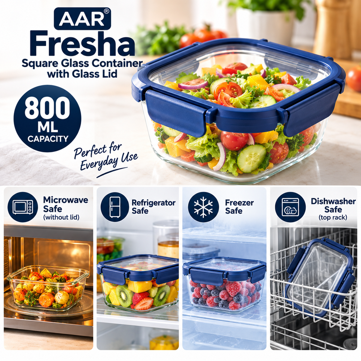 AAR Fresha Square 800 ML Glass Food Storage Container with Airtight Glass Lid
