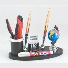 Kebica 2 Compartments Acrylic Desk Organizer Gift for Boss Pen stand Specially Government Office with 1 Globe