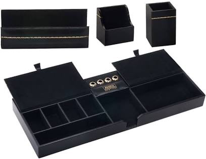 Kebica 5 Compartments Genuine Leather Black Multipurpose Desk Organizer 6-in-1 Desktop Set Pen Stand Holder with Mobile Holder & Remote Stand for Office Desk Table Storage Organizer Box (Black)