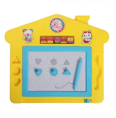 AMKAY House Shape Writing and Drawing Magic Board (Doodle) for Kids with Pen And 3 Shape Stamps (Yellow)