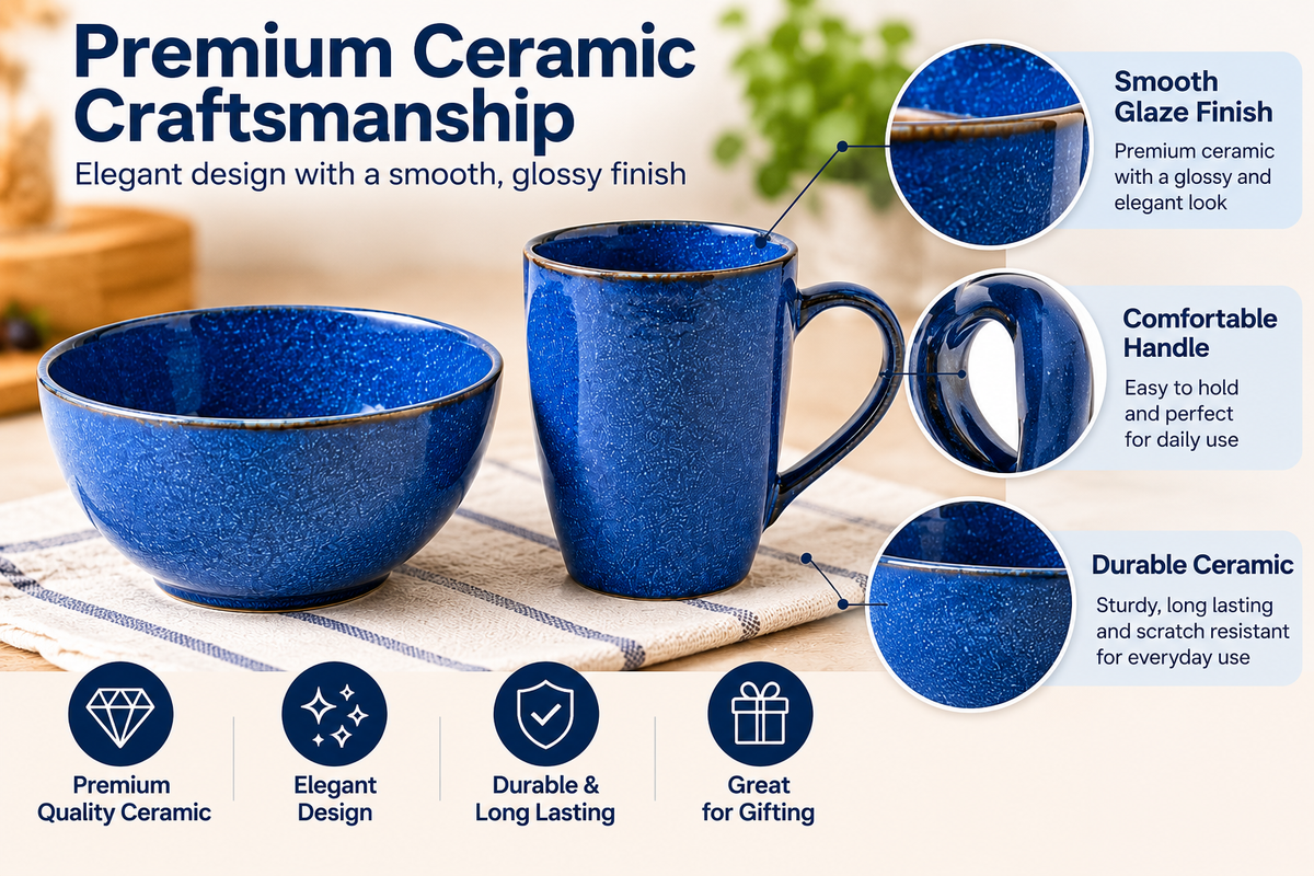 AAR Evero Ceramic Bowl and Mug Set, Blue Speckled Glazed Tableware Set for Breakfast, Tea, Coffee, Snacks and Everyday Use