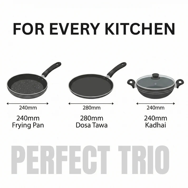 Skyline Non-Stick Cookware Set, 240mm Frying Pan, 280mm Dosa Tawa & 240mm Kadhai VTL - 8700