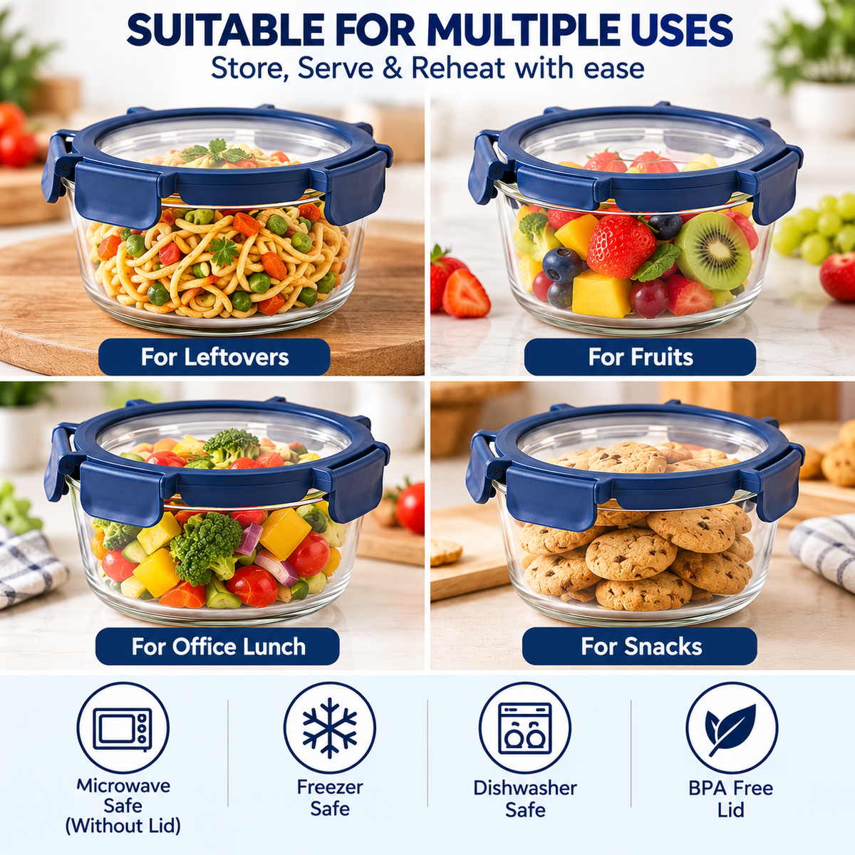 AAR Fresha Round 620 ML Glass Food Storage Container with Glass Lid, Airtight Leak-Proof Locking Clips, BPA-Free, Microwave & Freezer Safe