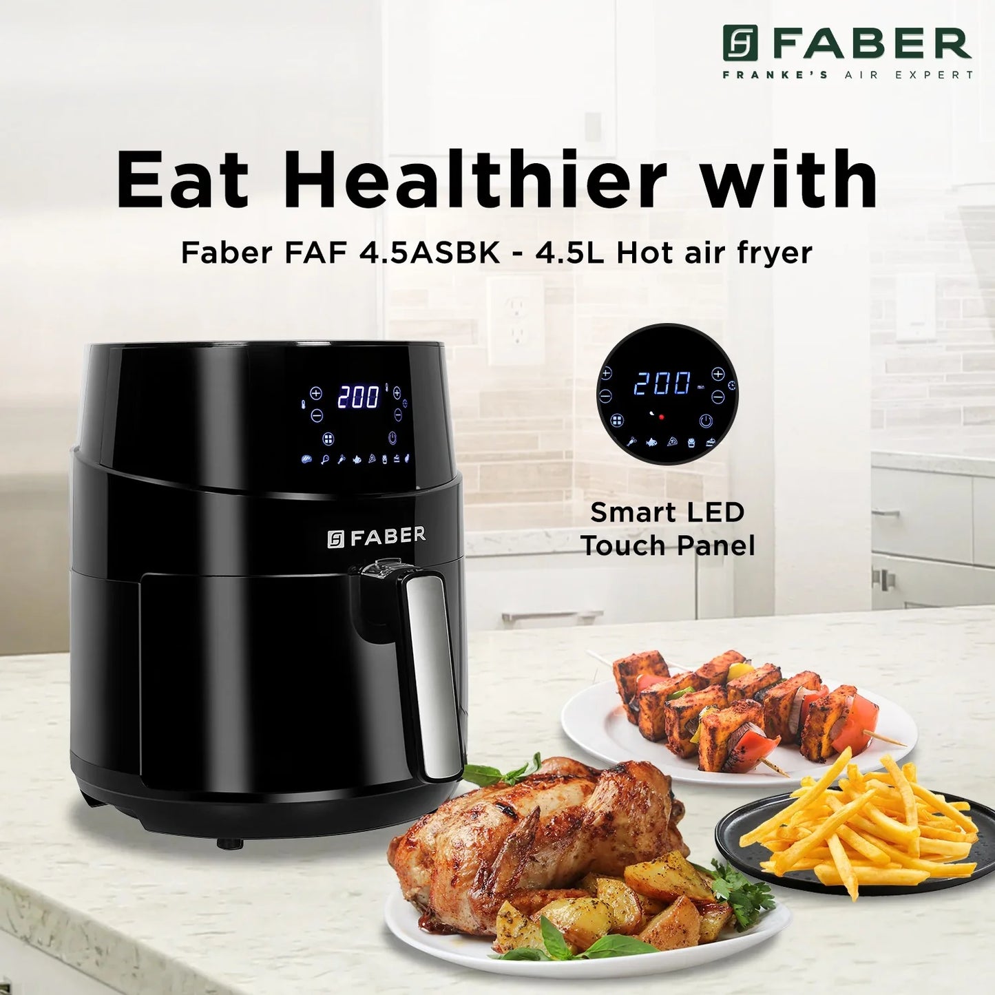 HOUSEHOLD FAB Digital Air Fryer 4.5L | 1400W Rapid Air Technology | Touch Control Panel | Adjustable Temperature & Timer | Oil-Free Healthy Cooking | Non-Stick Fry Basket | Black