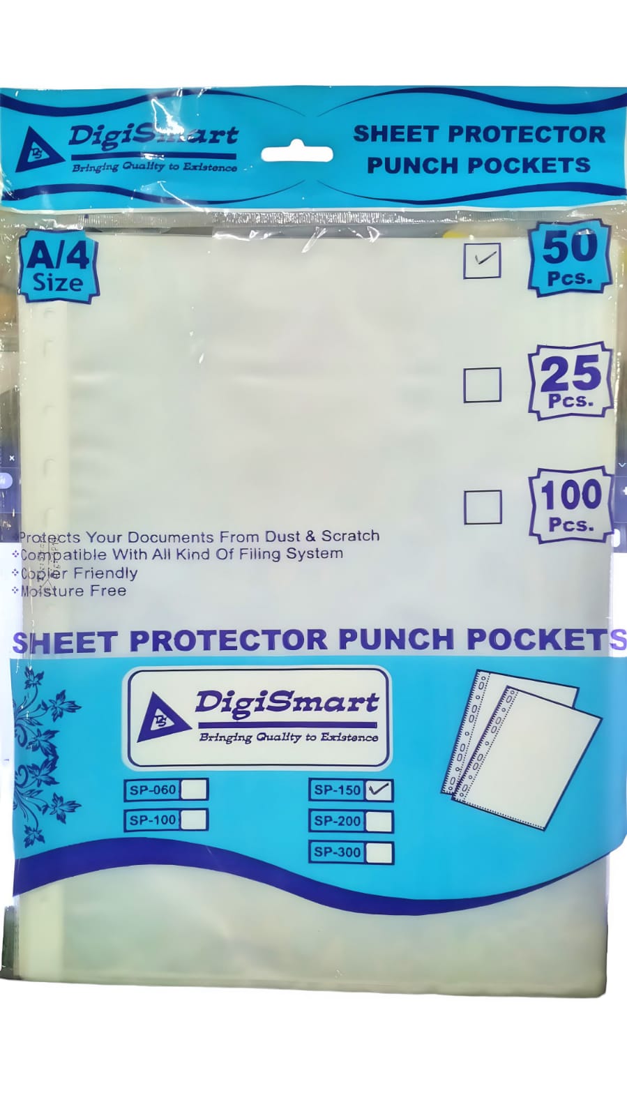Digismart A4 Punched Pocket, 150 MICRONS 50 Pages/Pack Sheet Protector Binder Pocket Paper File Letter Sheet Protector Binder Sleeves, Clear Sheet Protector Transparent Document