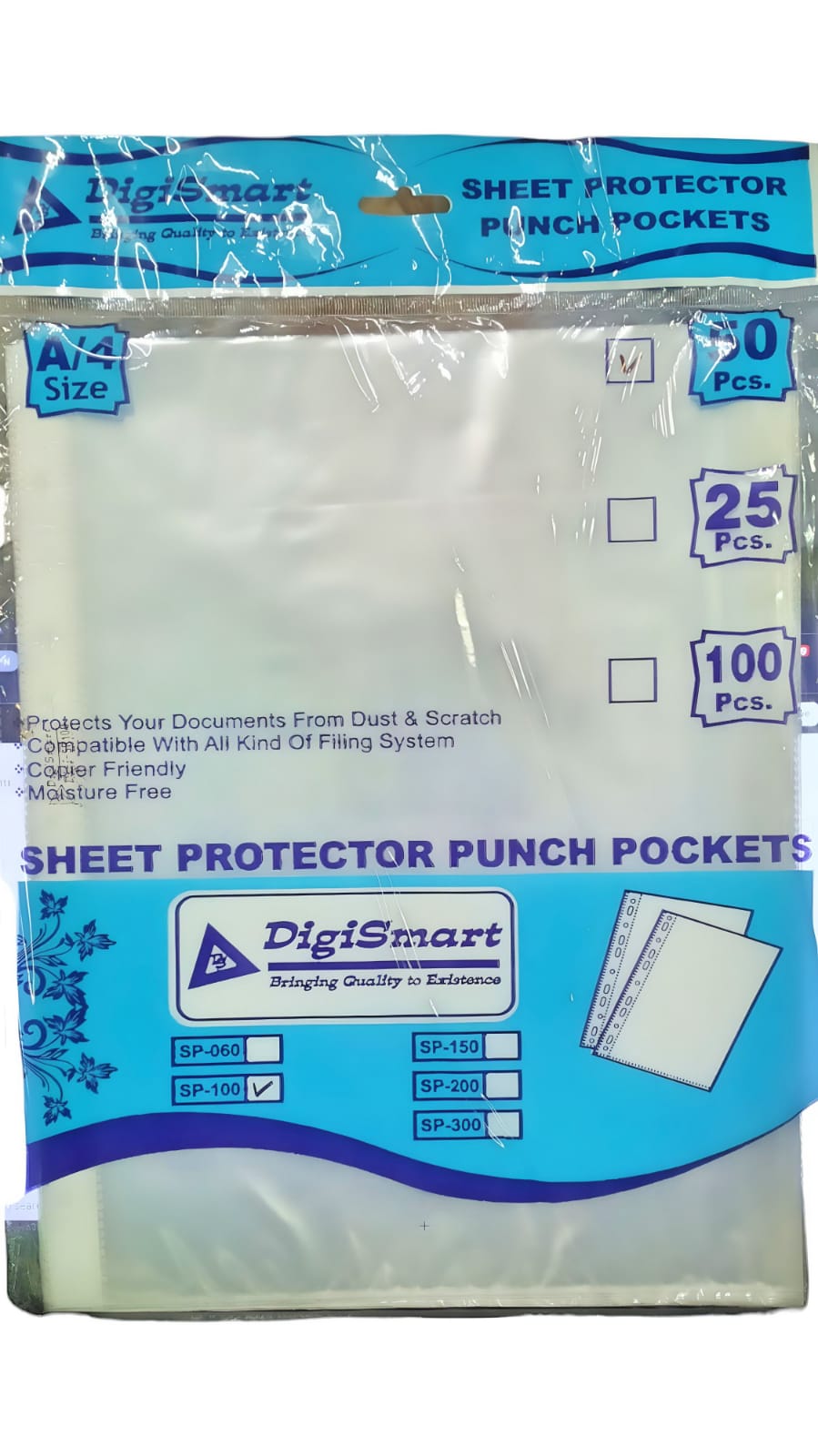 Digismart A4 Punched Pocket,100 MICRONS 50 Pages/Pack Sheet Protector Binder Pocket Paper File Letter Sheet Protector Binder Sleeves, Clear Sheet Protector Transparent Document Pocket Folder