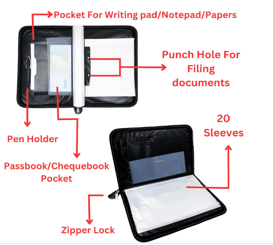 Digismart CB-429 Premium Faux Leather 20 Leaf's Label Pocket Document Holder Zipper Portfolio Organiser for Corporate Meetings, Conferences, Seminars, Presentations, Interviews
