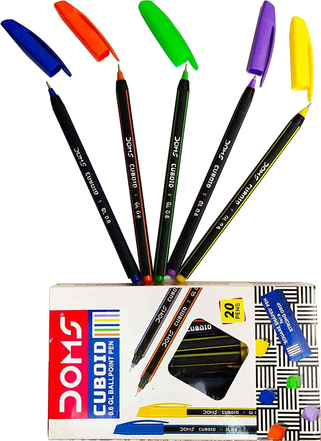 DOMS Cuboid 0.6 GL Ball Pen (Blue, Black, Red, Pack Of 20 Set of 1 Box)