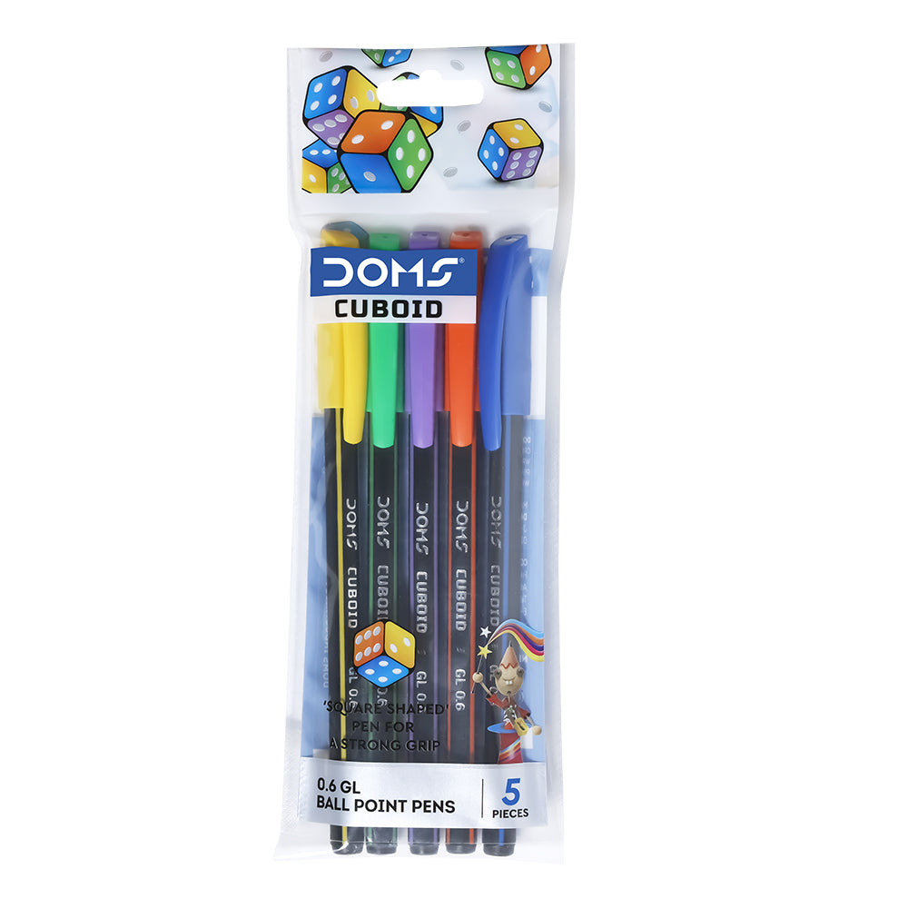 DOMS Cuboid Pen 5 Pcs Pouch Pack (Blue, Black & Red)