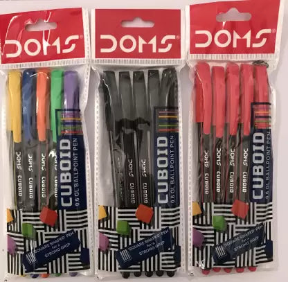DOMS Cuboid Pen 5 Pcs Pouch Pack (Blue, Black & Red)