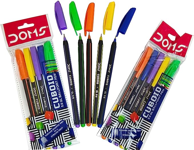 DOMS Cuboid Pen 5 Pcs Pouch Pack (Blue, Black & Red)