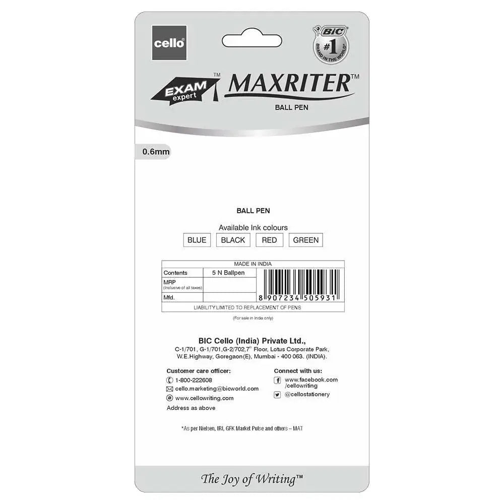 Cello 0.6 mm Maxriter Blue Ballpoint Pen (Pack of 5) - Image #2