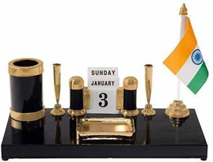 Kebica Pen Stand 120 D-Flag Compartments Acrylic with flag calendar Pen stand for government Office (Dark Brown)