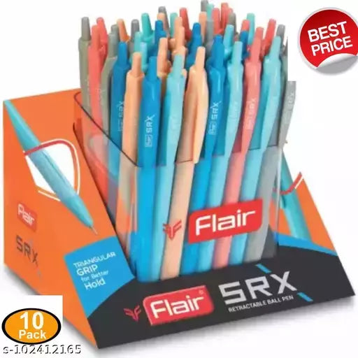 FLAIR SRX Writometer Executive | Retractable Ball Pen Box Pack | Triangular Body Design For Better Grip | Light Weight Refillable | Smooth Writing Experience | Vibrant Solid Body Colours | Blue Ink, Pack of 50 Pcs