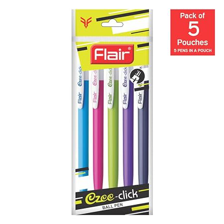 FLAIR Ezee Click Ball Pen Pouch Pack Different Playful Body Colors 0.7 to 1 mm Tip Size | Retractable Mechanism With Comfortable Grip For Smooth Writing ( Set of 5 pcs)