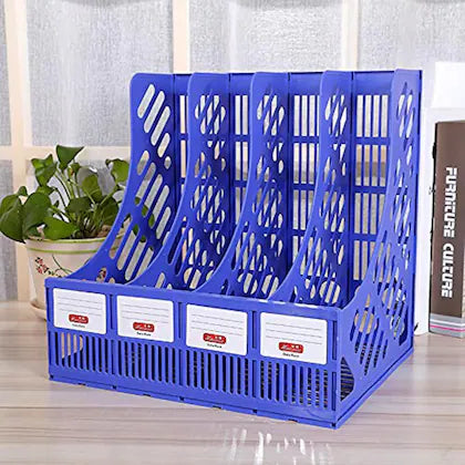 Kebica 4 Compartments Acrylic File Organizer Large Size 15-Inch Books Shelf File Rack Hard Plastic (Blue)