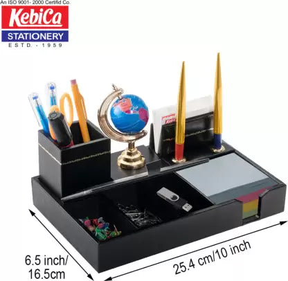Kebica 5 Compartments Faux Leather leather Pen Stand with Globe & 1 Pen (Black)