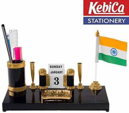 Kebica Pen Stand 120 D-Flag Compartments Acrylic with flag calendar Pen stand for government Office (Dark Brown)
