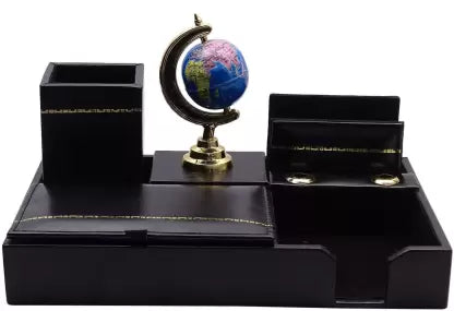 Kebica 5 Compartments Faux Leather leather Pen Stand with Globe & 1 Pen (Black)
