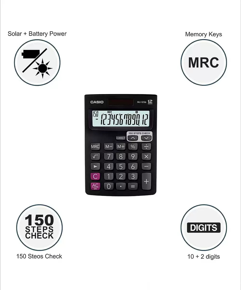 Casio MJ-12SB 150 Steps Check and Correct Desktop Calculator with Bigger Screen/Keys (12 Digit), Black