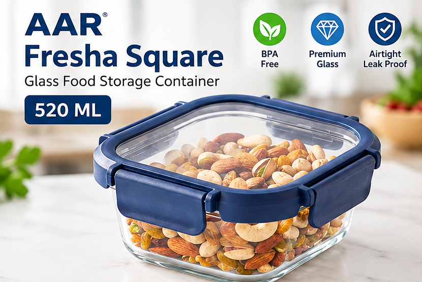 AAR Fresha Square 520 ML Glass Food Storage Container with Airtight Glass Lid, 4-Side Locking Clips, Leak-Proof Kitchen Container for Food, Snacks & Meal Prep