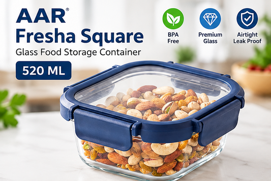 AAR Fresha Square 520 ML Glass Food Storage Container with Airtight Glass Lid, 4-Side Locking Clips, Leak-Proof Kitchen Container for Food, Snacks & Meal Prep