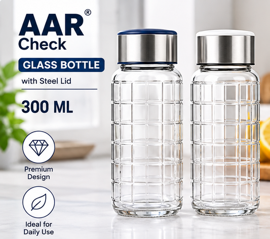 AAR Check Steel Lid Glass Bottle 300 ML | Blue/White Lid | Transparent Glass Water Bottle for Home, Office & Travel