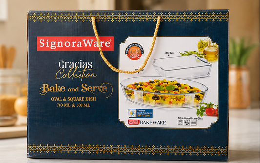 SignoraWare Gracias Collection Bake & Serve Borosilicate Glass Oval & Square Dish Set (700ml + 500ml) | Oven Safe, Microwave Safe, Dishwasher Safe | Heat Resistant up to 420°C | Transparent