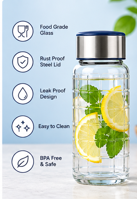 AAR Check Steel Lid Glass Bottle 300 ML | Blue/White Lid | Transparent Glass Water Bottle for Home, Office & Travel