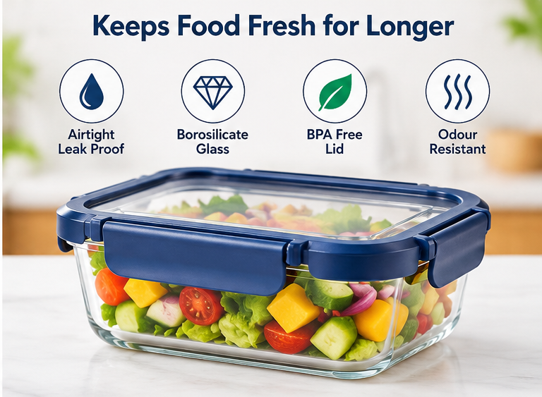 AAR Fresha Rectangle 370 ML Glass Food Storage Container with Airtight Glass Lid, Leak-Proof Lunch Box for Kitchen, Snacks & Leftovers