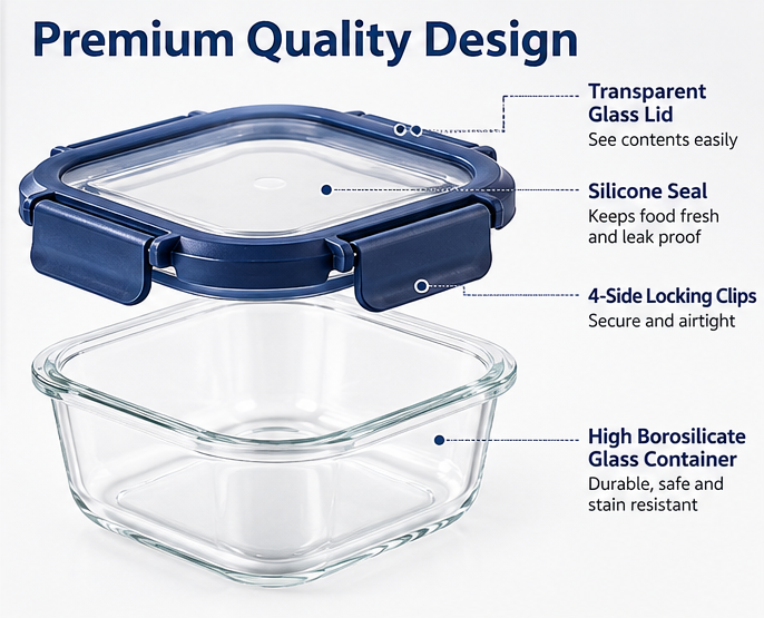 AAR Fresha Square 520 ML Glass Food Storage Container with Airtight Glass Lid, 4-Side Locking Clips, Leak-Proof Kitchen Container for Food, Snacks & Meal Prep
