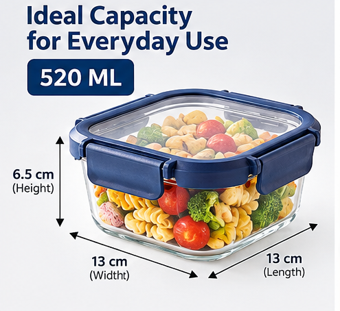 AAR Fresha Square 520 ML Glass Food Storage Container with Airtight Glass Lid, 4-Side Locking Clips, Leak-Proof Kitchen Container for Food, Snacks & Meal Prep