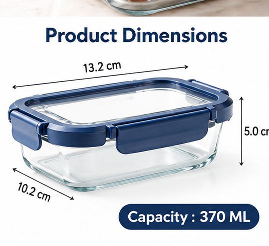 AAR Fresha Rectangle 370 ML Glass Food Storage Container with Airtight Glass Lid, Leak-Proof Lunch Box for Kitchen, Snacks & Leftovers
